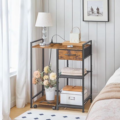 HOOBRO Printer Stand with Charging Station, Printer Shredder Stand with Fabric Drawer, Table for Fax Machine, Printer Storage Office Organizer, for Home Office, Rustic Brown and Black BF72UPS01