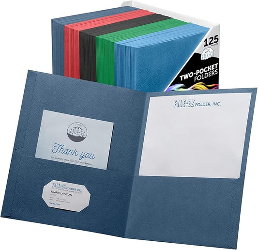 FILE-EZ Two-Pocket Folders, Assorted Colors, 125-Pack, Textured Paper, Letter Size (EZ-32400)