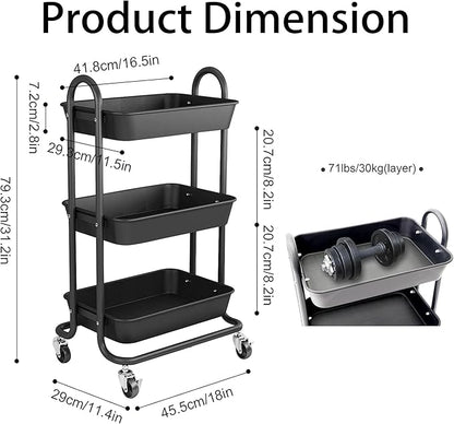 3-Tier Black Utility Rolling Cart,Kitchen Storage Carts with Wheels,Black Metal Rolling Cart for Office,Home,Kitchen,Garden（18"x11.4"x31.2"）