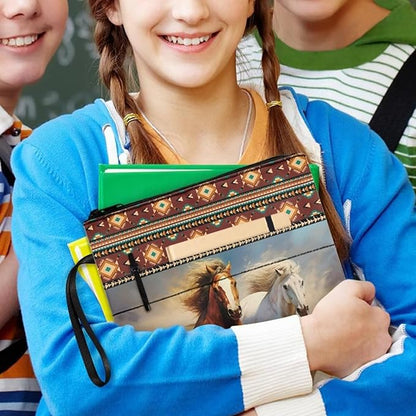 COEQINE Aztec Horse Book Covers Kids Hardcover Book Cover with Pockets Western Animal Book Sleeves with Pocket Book Organizer Pouch with Chain Portable