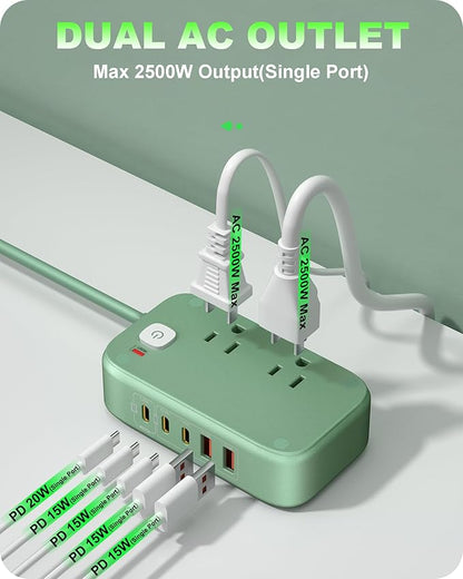 Flat Plug Power Strip, 20W USB C Power Strip with 2500W AC Outlets, 3 USB-C Ports, 2 USB-A Ports, 5FT Flat Extension Cord Outlet Extende Desk Charging Station for Home/Office/Travel Essentials