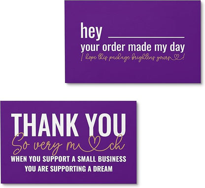 ITZAMNA Thank you for supporting small business cards Customer appreciation note cards Pink Script with Heart Pack of 100 purple