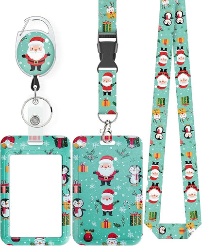 Uniclife Christmas Sliding Badge Holder Cartoon Santa Claus Hard ID Card Holder with Retractable Badge Reel Carabiner & Detachable Lanyard Strap Vertical Card Protector for Women Nurse Teacher Student