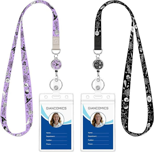 Giancomics Lanyards for Id Badges, Magic Cute Lanyards with Retractable Reel, Waterproof ID Badge Holder for Cruise Ships Cards Key, Work Name Tag Zip Card Protector for Women 2 Pack