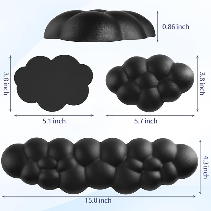 Cloud Wrist Rest Keyboard, Cloud Palm Rest Set with PU Leather Memory Foam, Cute Keyboard Rest for Wrist Support and Arm Rest, Desk Cloud Wrist Pad for PC/Gaming/Hand Cushion/Computer-Black