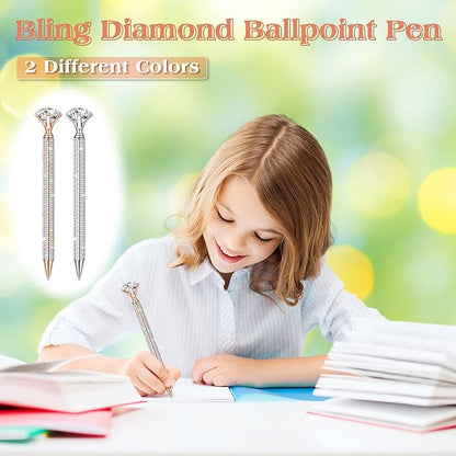 Jeyiour 6 Pcs Big Diamond Pens with Crystal Bling Rhinestone Metal Glitter Diamond Ballpoint Black Ink Pens Wedding Bridal Shower Favors for Birthday Gift Supplies(Silver, Rose Gold)