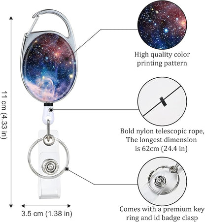 Badge Reels Retractable，Double Sided Color Print Pattern Retractable Badge Holders，with Retractable Keychain, Badge Clip and Key Ring，Durable Nylon Retractable Rope，Starry Sky