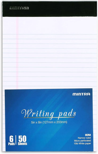 Mintra Office Legal Pads, ((xBasic, 5in x 8in, Narrow (White), 36pk (6-6pks)), Narrow Ruled, 50 Sheets per Notepad, Micro perforated Writing Pad, Notebook Paper for School, College, Office, Work