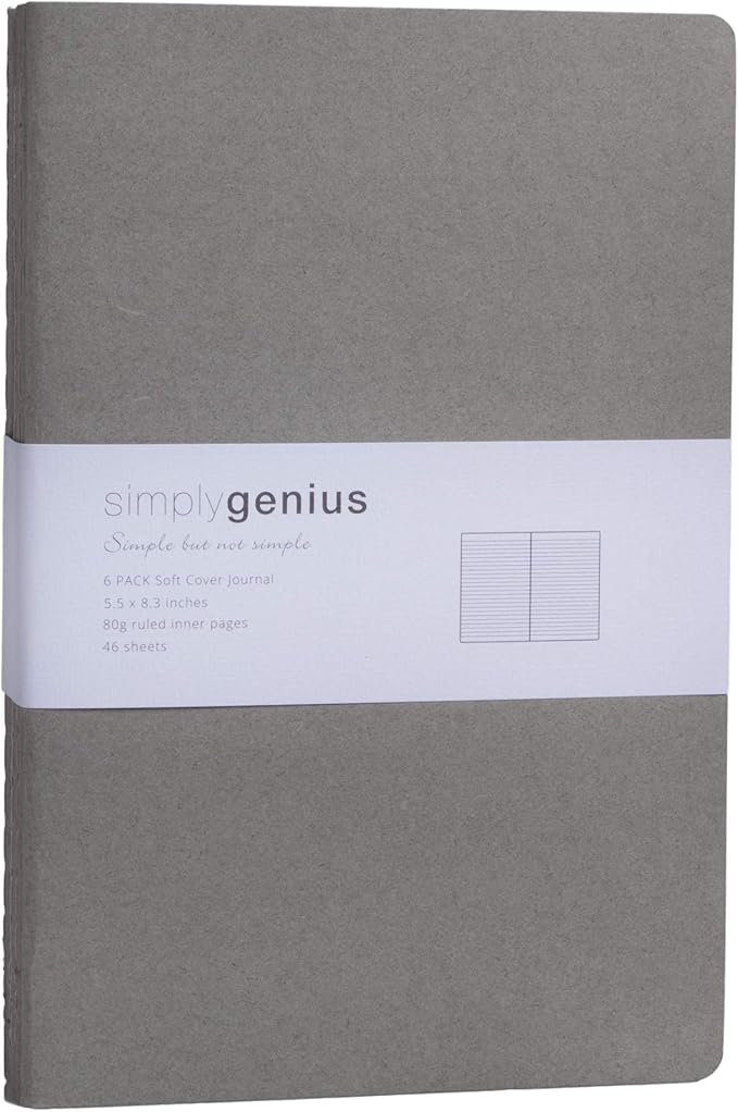 Simply Genius A5 Notebooks for Work, Travel, Business, School & More - College Ruled Notebook - Softcover Journals for Women & Men - Lined Note Books with 92 pages, 5.5" x 8.3" (Gray, 6 pack)