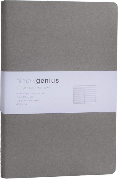 Simply Genius A5 Notebooks for Work, Travel, Business, School & More - College Ruled Notebook - Softcover Journals for Women & Men - Lined Note Books with 92 pages, 5.5" x 8.3" (Gray, 6 pack)