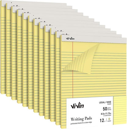 ViVin Legal Pads 8.5 x 11 Inch, Wide Ruled Note Pads, 12 Pack, 50 Sheet/Pad, Perforated Writing Pads, Notepads for Office Home School, 600 Sheets (12 Pack of 50), Canary Yellow Paper