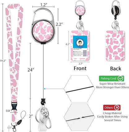 Cute Cow Badge Reel Retractable Heavy Duty with 360 Degrees Rotate Carabiner Clip, ID Badge Holder with Detachable Lanyard, ID Holder ID Clip Name Badge Keychain, Nurse Teacher Offfice Gifts