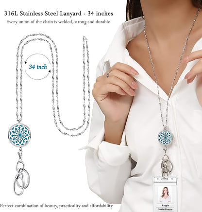 Lanyards for ID Badges Women ID Badge Holder with Lanyard Keychain Long Bling Stainless Steel Silver Chain Nurse Nursing Office Work Jewelry Diffuser Necklace Teacher Lanyard Gifts Flower
