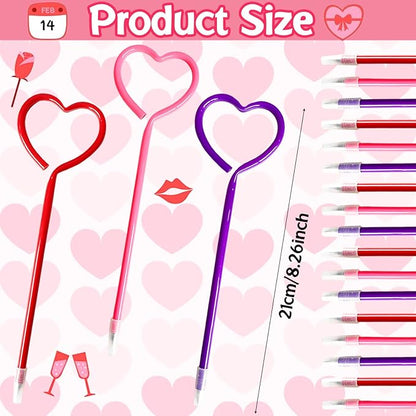 48 Pcs Valentines Day Pens,Heart Shape Pens,Rollerball Pens,Red Pink and Purple Ballpoint Pen for Valentines Party Favor,Boys and Girls,School Office Supplies