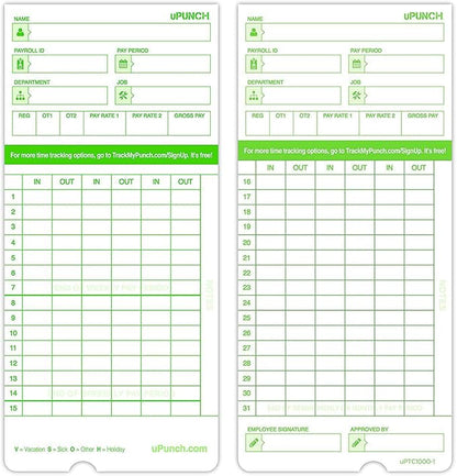 uPunch 300 Time Cards for Green HN3000 AutoAlign Time Clocks (HNTCG1300)