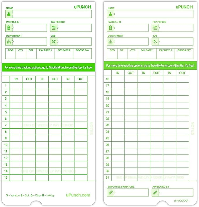 uPunch Time Clock Cards for Upunch Hn3000, Two Sides, 7.37 X 3.37, 50/Pack