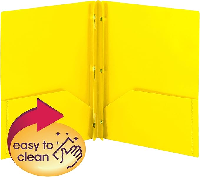 Smead Poly Two-Pocket Folder, Three-Hole Punch Prong Fasteners, Letter Size, Yellow, 3 per Pack (87733)