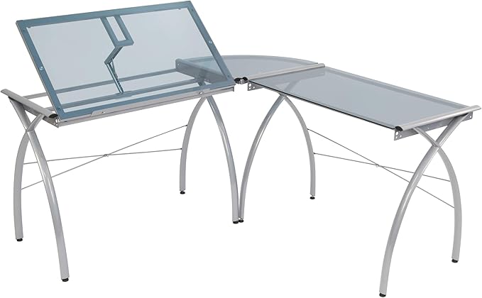 SD STUDIO DESIGNS Futura LS WorkCenter with Tilt Top Adjustable Drafting Table Craft Table Drawing Desk Hobby Table Writing Desk Studio Desk, Silver / Blue Glass