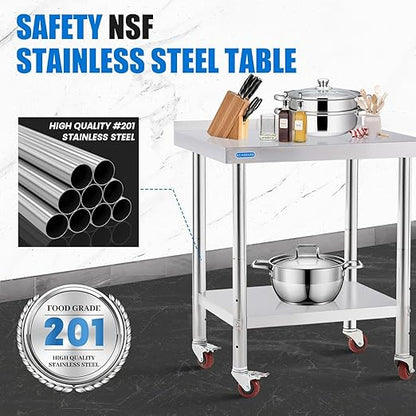 Stainless Steel Table for Prep & Work with 4 Caster Wheels with Backsplash 24 x 30 NSF Metal Commercial Kitchen Adjustable Under Shelf Worktable for Restaurant Home Outdoor