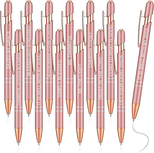 Zonon 12 Pieces Inspirational Pens Bulk Easter Basket Stuffers Motivational Quotes Ballpoint Pens with Stylus Tip Inspirational Gifts for School Office Teachers(Rose Gold,Bible Style)