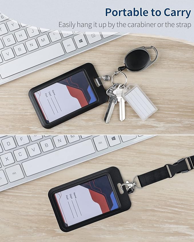 Uniclife Sliding Badge Holder Vertical Plastic Case with Retractable Badge Reel Carabiner and Detachable Lanyard Strap Hard Card Protector for ID Credit Proximity Key Card Driver’s License and Pass