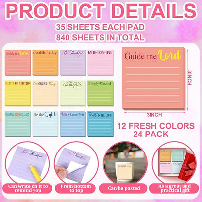 Yinder 24 Pcs Inspirational Sticky Notes with Lines Cute Motivational Sticky Notes Pad Employee Appreciation Gifts Bulk for Teacher Nurse Coworkers Office Supplies 3 x 3''(Light Color,Bible)