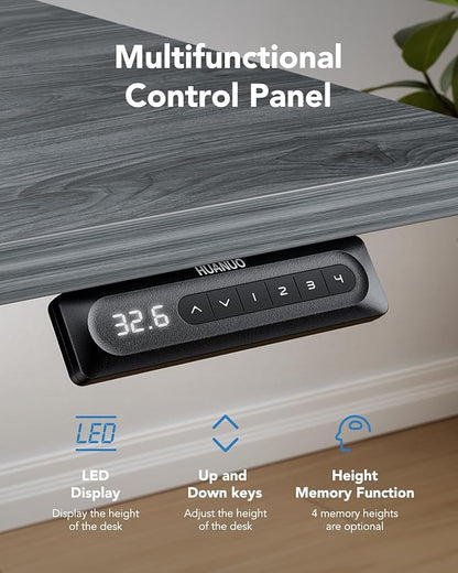 HUANUO 63" x 28" Electric Standing Desk Adjustable Height, 4 Memory Height Settings, Headphone Hook, Cable Manager, Sit Stand Up Desk for Home Office & Computer Workstation, Grey