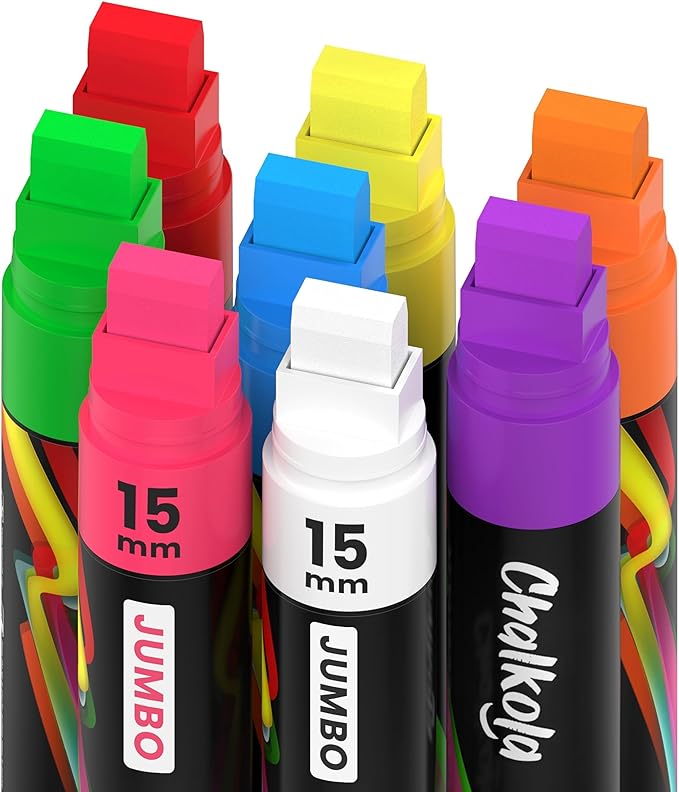 8 Washable Window Markers for Cars - 15mm Jumbo, 3 in 1 Nib, 28g Ink - Liquid Chalk Markers for Chalkboard, Blackboard, Glass, Bistro, Auto, Menu Board - Loved by Teachers, Kids, Artists, Businesses