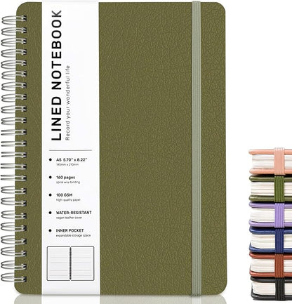 ABERLLS Green Lined Spiral Journal Notebook with 160 Pages, 8×5.7in, A5 Spiral Notebook, Journaling Notebooks for Work, School, Women, Men, College Ruled Spiral Notebook, Hardcover Leather Journals