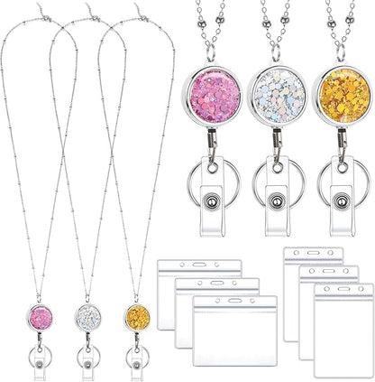3 Pack Women Lanyards for Id Badges with 6 Pcs Id Badge Holder for Women Cruise Lanyards Stainless Steel Glitter Teacher Lanyards Necklace for Badge Holder Cruise Ship Cards