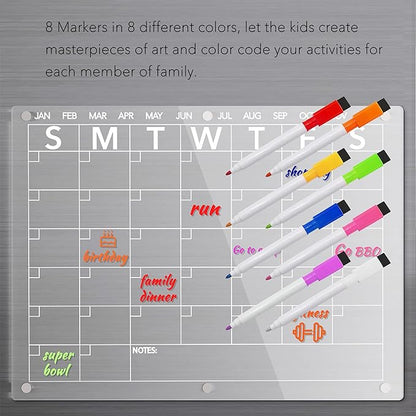 Acrylic Magnetic Dry Erase Board Calendar for Fridge, Clear Monthly and Weekly Planner Whiteboard for Refrigerator, w/ 8 Colors Markers, 15"x11"