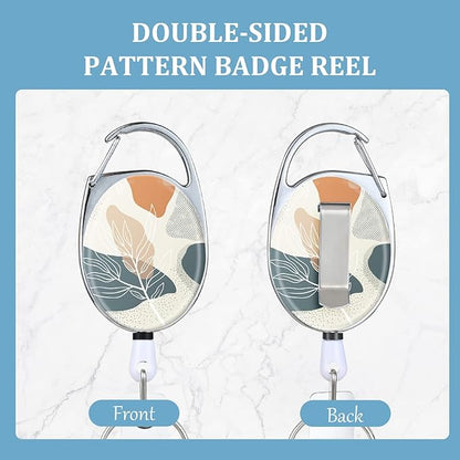 Badge Reels Retractable，Double Sided Color Print Pattern Retractable Badge Holders，with Retractable Keychain, Badge Clip and Key Ring，Durable Nylon Retractable Rope，Bohemian Leaf