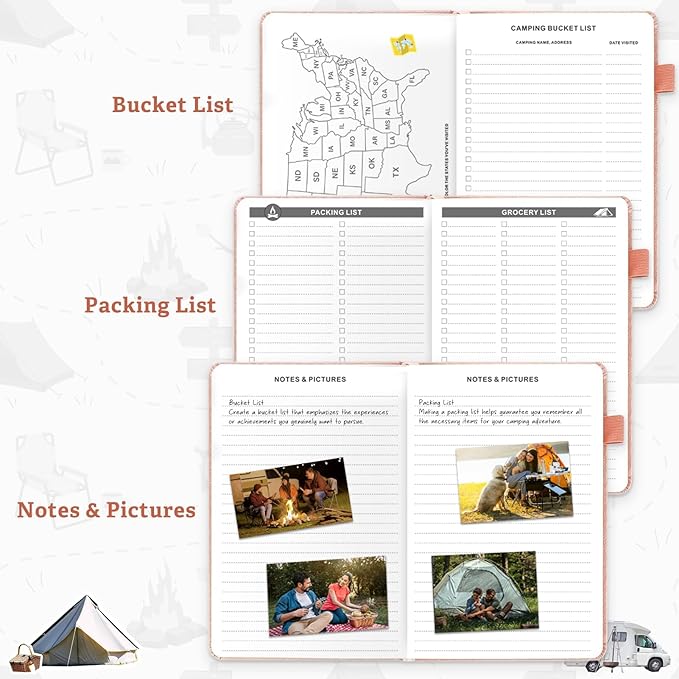 Camping Essentials: Camping Journal and RV Travel Log Book - A5 Adventure Book for Memories, Travel Journal for Men and Women, Family RV Travel Camping Logbook Accessories - Pink