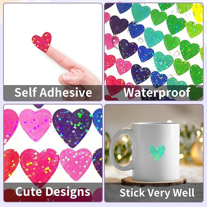 Shiny Heart Shape Stickers, 0.5 Inch Glitter Heart Stickers for Kids Reward/Birthday Party Decoration/Wedding/Classroom Teacher Supplies(Multicolored)