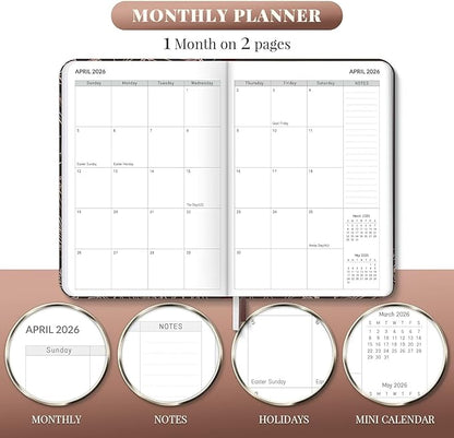 2026 Planner, 12 Month Weekly and Monthly Calendar 2026, Hardcover Daily Agenda Planners from Jan. to Dec, Habit Tracker Journal with Ribbon Bookmark 5.75" x 8.4"(Gold Flower)