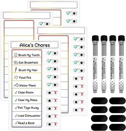 4 Pcs Chore Chart for Kids: Dry Erase My Chores Slider Chart, Magnetic Visual Schedule for Fridge, Kids Daily Checklist - ADHD Tools: to Do List and Routine Chart for Multiple Kids (Rainbow 4-pack)