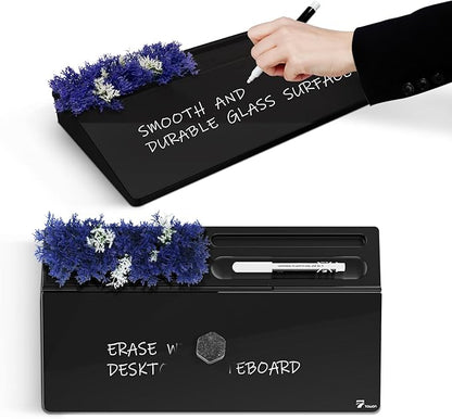 TOWON Black Whiteboard for Desk with Artificial Potted Plant & Nano Incense Stone Aromatic, Desktop Dry Erase Notepad with Storage, Desk Accessories Tray with Organizer for Home Office