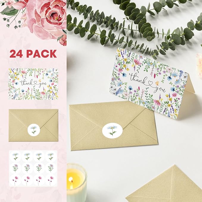 Artoid Mode 24 Pack Daisy Lavender Spring Thank You Cards Floral Leaves Greeting Cards Gift With Envelope Sticker Blank Note Cards for Birthday Wedding Baby Shower Bridal Shower, 4 x 6 Inch