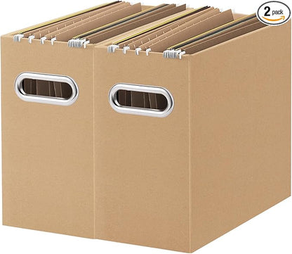 Oterri File Organizer, Small Storage Box, Cardboard File Folder Organizer, Collapsible File Box, Hanging File Organizer for Letter Size, Portable File Box with Handle, Only Box (Brown,2 Packs)