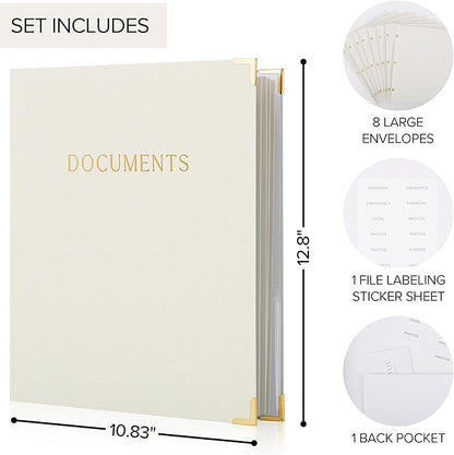 Aesthetic Document Organizer - Sturdy Linen 3-Ring Binder Safely Stores All Your Important Documents and Files in One Place - Easy to Use Expanding Storage Folder Incl. Envelopes, Pockets & Labels