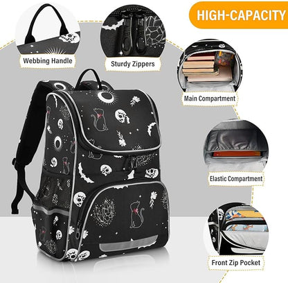 Goth Skull Cat Backpack with Reflective Strip for Kids Boys Girls Elementary School Bag Removable Chest Strap