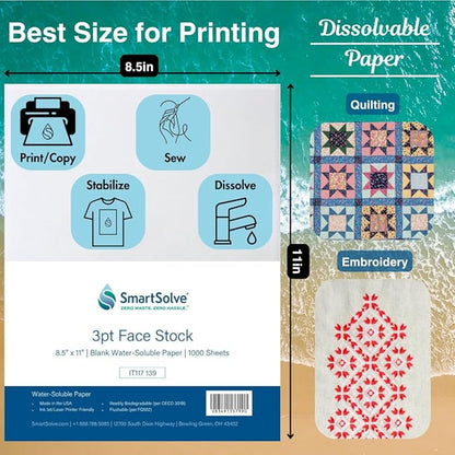 3 pt. Water-Soluble Paper | Dissolves Quickly in Water | Biodegradable | Eco-Friendly | Printer Compatible | Crafts, Drawing, Notes | Letter Size, 8.5” x 11” | Pack of 1,000 White Sheets