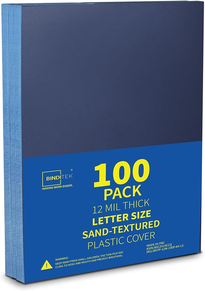Binditek 100 Pack 12 Mil Sand-Textured Polycover, Midweight Binding Front and Back Covers, Lightly Textured Sand Finish, 8-1/2" x 11", Square Corners, Un-Punched, Navy, Office Supplies