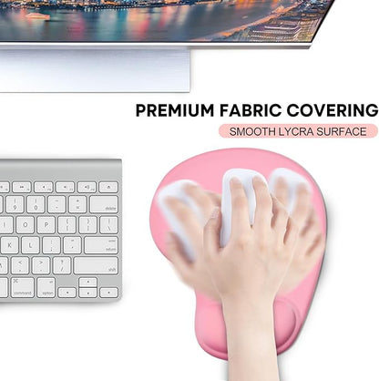 JIKIOU Mouse Pad, 2 Pack Ergonomic Mouse Pads with Comfortable Gel Wrist Rest Support and Lycra Cloth, Non-Slip PU Base for Easy Typing Pain Relief Durable and Easy to Clean Small Pink