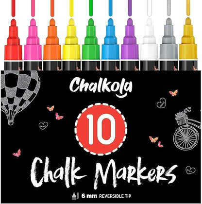 Chalkola Liquid Chalk Markers Erasable (10 Pack) w/Gold & Silver - Washable Paint Chalk Pens for Chalkboard Signs, Blackboard, Car Window, Bistro, Glass, Board - Neon Wet Wipe 6mm Reversible Bold Tip