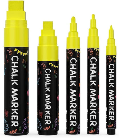 5 Yellow Chalkboard Chalk Markers - Yellow Dry Erase Markers for Blackboard, Chalkboard Signs, Windows, Glass | Variety Pack - Fine & Jumbo Size Ink Pen (1mm, 3mm, 6mm, 10mm, 15mm)