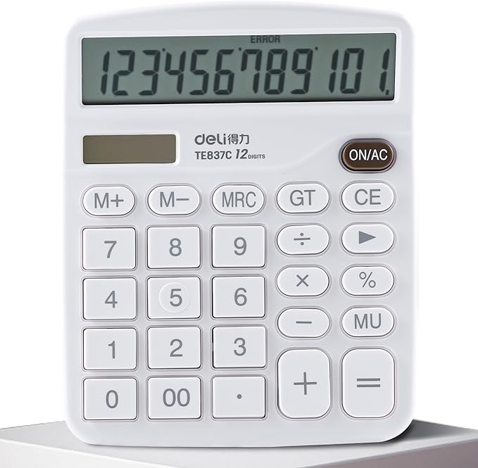 Golcellia Calculators Desktop, White Calculator, Cute Calculator 12 Digit Desk Calculator Large Display, Dual Power Solar Battery, Office Home School Supplies for Adults & Students