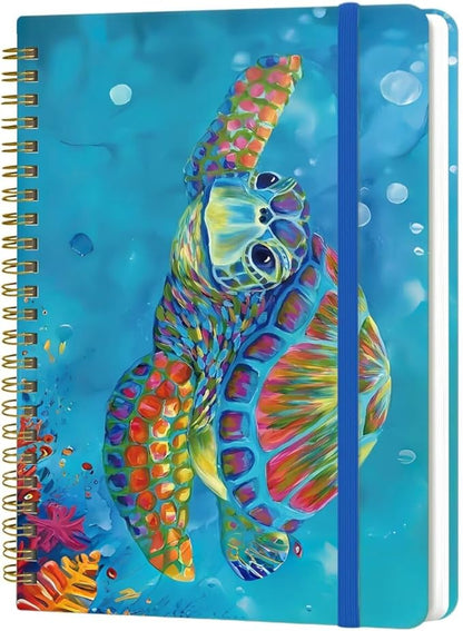 Spiral Notebook - A5 Spiral Notebooks, 8.3'' × 5.8'', 160 Pages, Aesthetic Journaling Notebooks for Women, College Lined Notebook with Elastic Closure, Back Pocket, for School Office, TurtleA