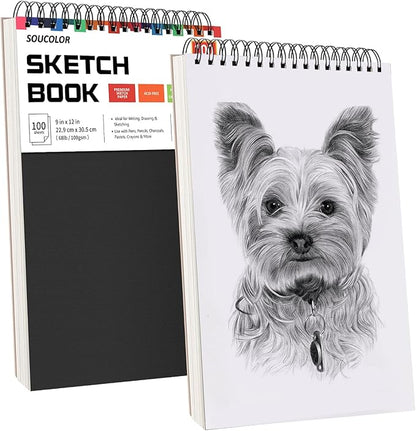 Soucolor 9" x 12" Sketch Book, 2-Pack 100 Sheets Spiral Bound Art Sketchbook, Acid Free (68lb/100gsm) Artist Drawing Book Paper Painting Sketching Pad