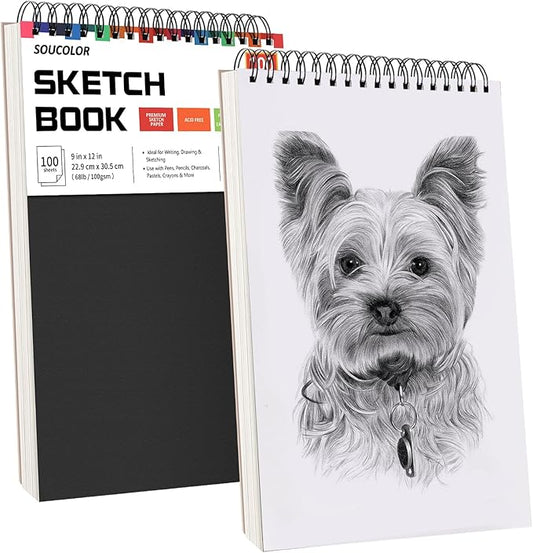 Soucolor 9" x 12" Sketch Book, 2-Pack 100 Sheets Spiral Bound Art Sketchbook, Acid Free (68lb/100gsm) Artist Drawing Book Paper Painting Sketching Pad